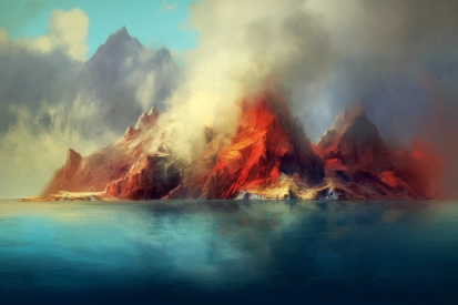 A mountain with clouds and water