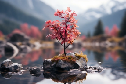 A small tree on a rock in water