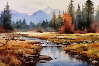 A watercolor painting of a river with trees and mountains in the background