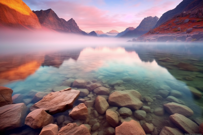 A rocky shore with mountains in the background