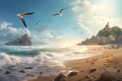 A beach with waves and birds flying over it