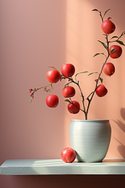 A plant with apples in a vase