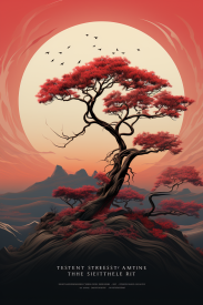 A tree with red leaves on a hill