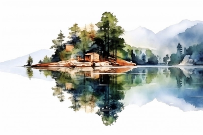 Watercolor painting of a house on a small island with trees and a lake
