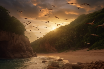 A group of birds flying over a beach