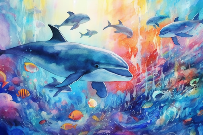 A painting of a dolphin and fish