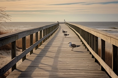 A group of birds on a wooden bridge