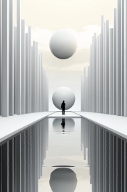 A man standing in a white room with white columns and a large ball above it
