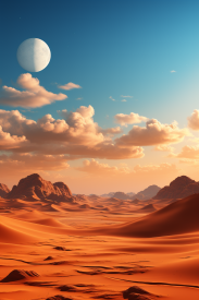 A desert landscape with a moon and clouds