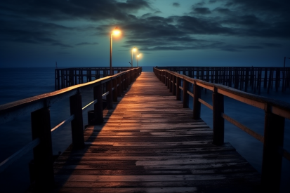 A wooden dock with a railing and street lights
