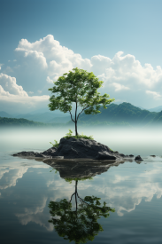 A tree on a small island in water