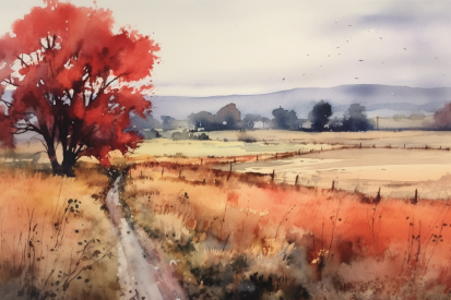 A watercolor painting of a field and a tree