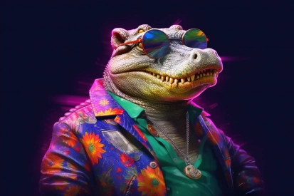 A reptile wearing sunglasses and a jacket