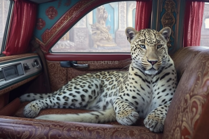 A leopard lying in a car