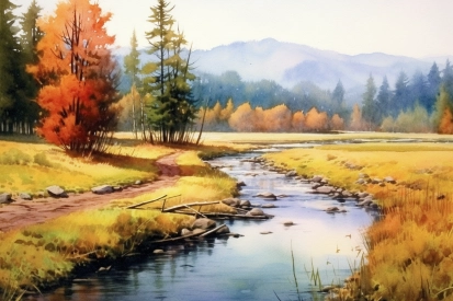 A watercolor painting of a river