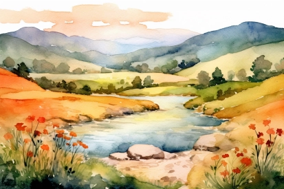 Watercolor painting of a river in a valley with hills and flowers