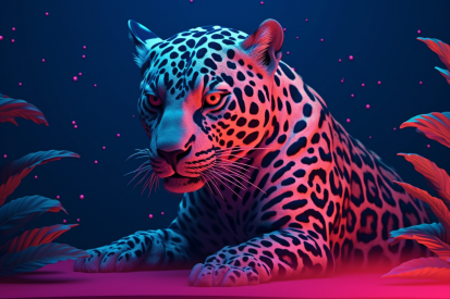 A leopard lying down with pink and blue lights