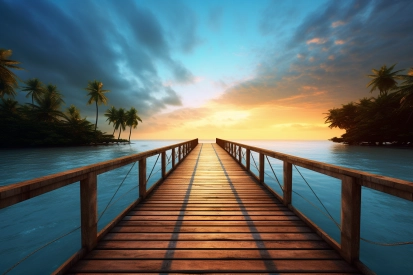 A wooden dock leading to an island