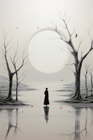 A woman standing in a lake with trees and a moon
