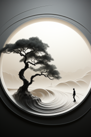 A person standing in a circle looking out a window at a tree