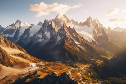 A mountain range with snow and clouds