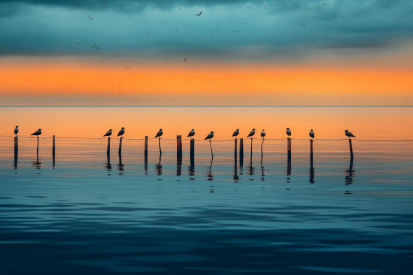 A group of birds sitting on poles in water