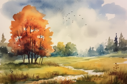 Watercolor of a landscape with trees and a stream