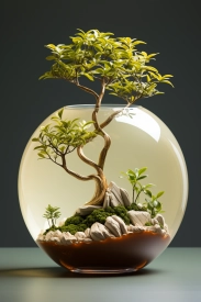 A glass bowl with a tree in it
