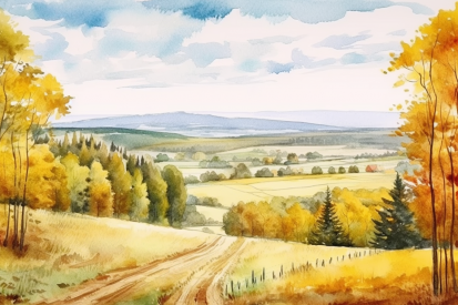 A watercolor of a landscape with trees and a dirt road