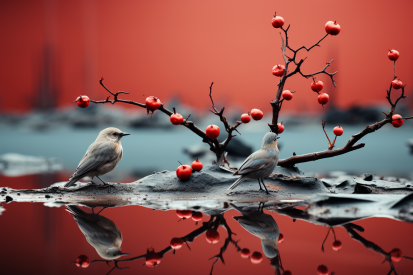 Birds standing on a small tree branch with red berries