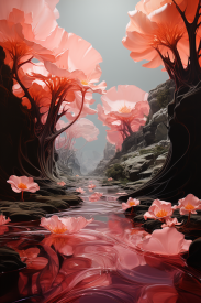 A stream of water with pink flowers