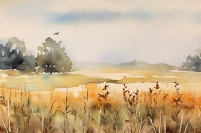 A watercolor of a field of grass and trees
