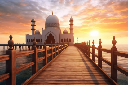 A wooden bridge leading to a mosque