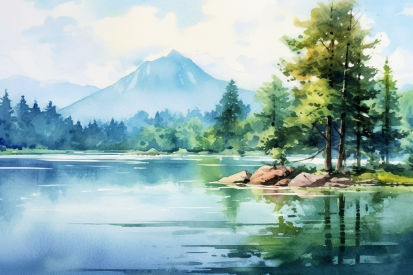 Watercolor painting of a lake with trees and mountains in the background