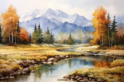 Watercolor painting of a river with trees and mountains in the background