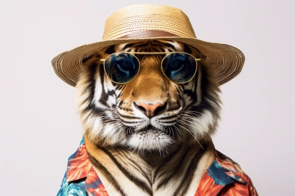A tiger wearing a hat and sunglasses