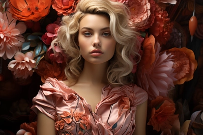 a woman posing in front of flowers