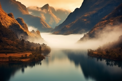 A river with mountains and fog