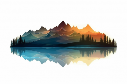 A mountain range with trees and water reflection