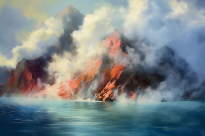 A mountain with smoke coming out of the water