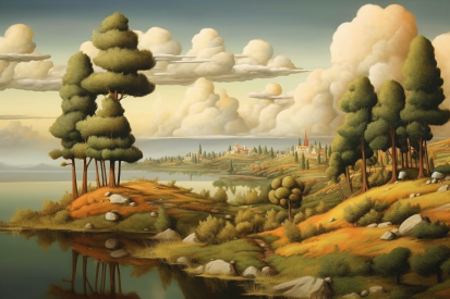 A landscape with trees and a lake
