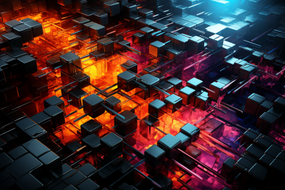 A group of black cubes with red and blue lights