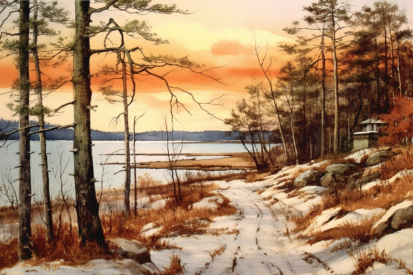 A watercolor painting of a snowy road