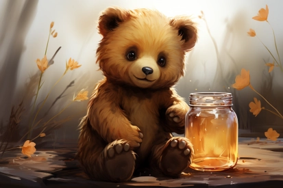 a teddy bear sitting next to a jar