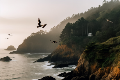 Birds flying over a cliff by the ocean