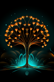 A tree with orange leaves and blue lights