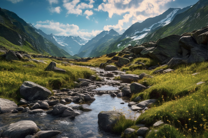 A stream of water in a valley with mountains and snow