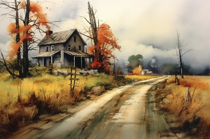 A watercolor painting of a house on a dirt road