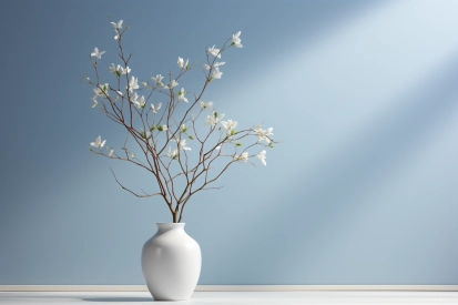 A white vase with white flowers
