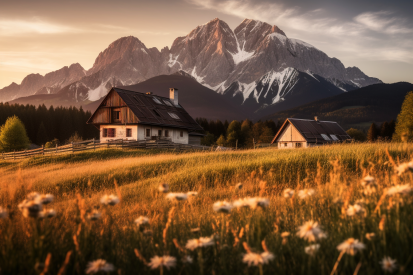 A house in a field with mountains in the background